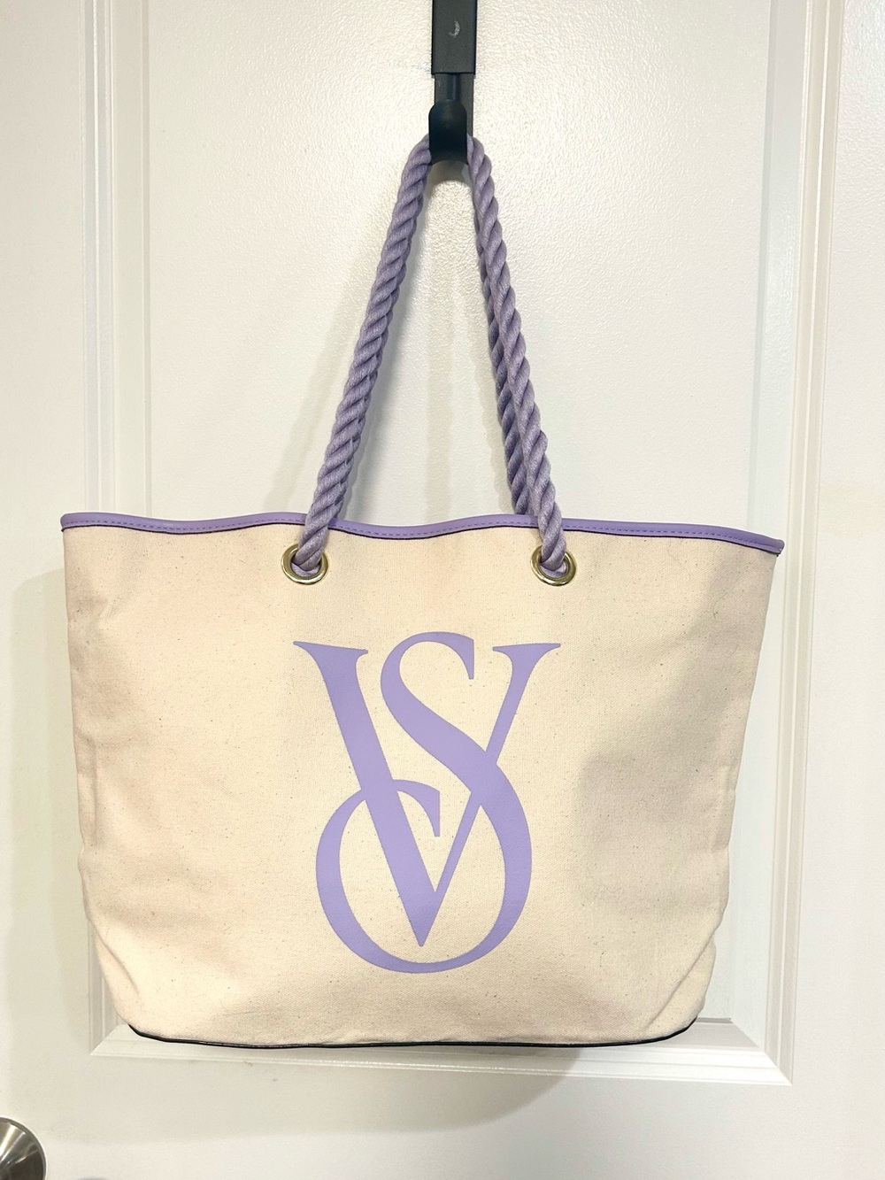 Victoria's Secret Logo Monogram Tote, Beige/Purple, Rope Shoulder Straps